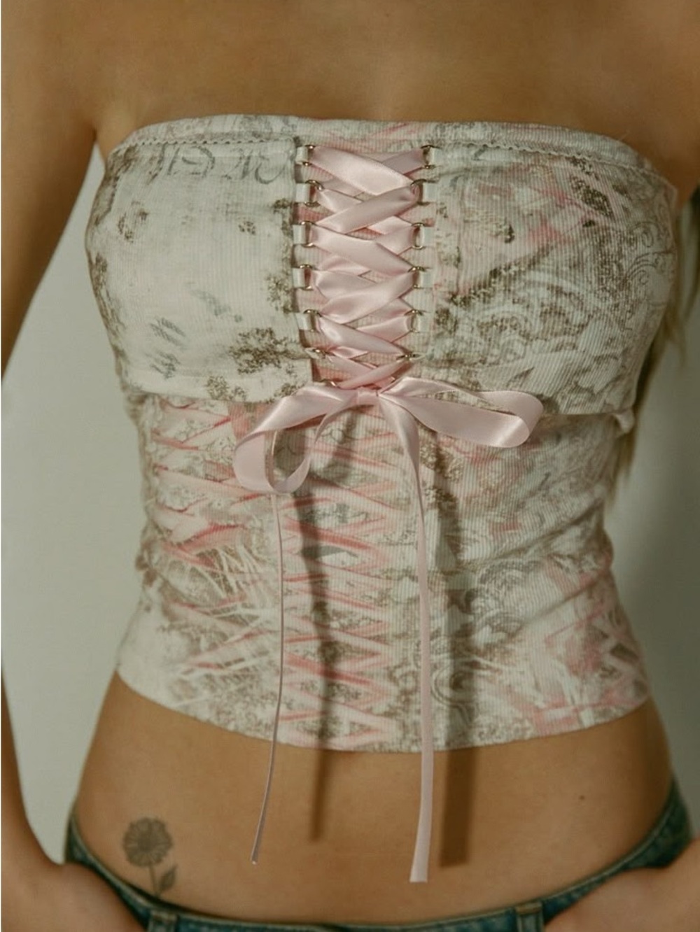 I.AM.GIA Santi Top Corset Strapless Pink Ribbon-Front Bustier Top